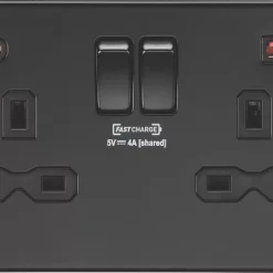 Knightsbridge SFR9909MBB 13A 2-Gang DP Switched Socket + 4.0A 2-Outlet Type A & C USB Charger Matt Black With Black Inserts