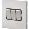 MK Aspect 10AX 3-Gang 2-Way Switch Brushed Stainless Steel With Black Inserts -British General Shop 783FF P