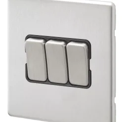 MK Aspect 10AX 3-Gang 2-Way Switch Brushed Stainless Steel With Black Inserts