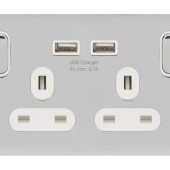 Schneider Electric Lisse Deco 13A 2-Gang SP Switched Socket + 2.1A 2-Outlet Type A USB Charger Polished Chrome With White Inserts -British General Shop 784FF A1
