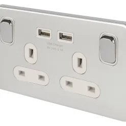 Schneider Electric Lisse Deco 13A 2-Gang SP Switched Socket + 2.1A 2-Outlet Type A USB Charger Polished Chrome With White Inserts