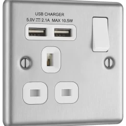 LAP 13A 1-Gang SP Switched Socket + 2.1A 2-Outlet Type A USB Charger Brushed Stainless Steel With White Inserts -British General Shop 7864F A1