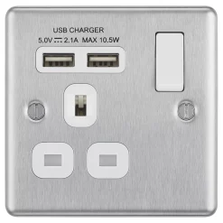 LAP 13A 1-Gang SP Switched Socket + 2.1A 2-Outlet Type A USB Charger Brushed Stainless Steel With White Inserts -British General Shop 7864F A2