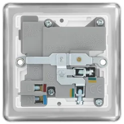 LAP 13A 1-Gang SP Switched Socket + 2.1A 2-Outlet Type A USB Charger Brushed Stainless Steel With White Inserts -British General Shop 7864F A3