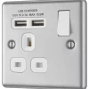 LAP 13A 1-Gang SP Switched Socket + 2.1A 2-Outlet Type A USB Charger Brushed Stainless Steel With White Inserts -British General Shop 7864F P