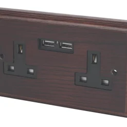 Varilight 13AX 2-Gang Unswitched Socket + 2.1A 2-Outlet Type A USB Charger Dark Oak With Black Inserts