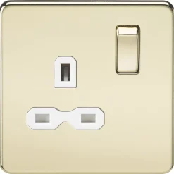 Knightsbridge SFR7000PBW 13A 1-Gang DP Switched Single Socket Polished Brass With White Inserts