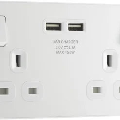 British General Evolve 13A 2-Gang SP Switched Socket + 3.1A 2-Outlet Type A USB Charger Pearlescent White With White Inserts -British General Shop 797RF A1
