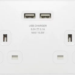 British General Evolve 13A 2-Gang SP Switched Socket + 3.1A 2-Outlet Type A USB Charger Pearlescent White With White Inserts -British General Shop 797RF A2