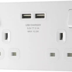 British General Evolve 13A 2-Gang SP Switched Socket + 3.1A 2-Outlet Type A USB Charger Pearlescent White With White Inserts -British General Shop 797RF A3