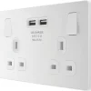 British General Evolve 13A 2-Gang SP Switched Socket + 3.1A 2-Outlet Type A USB Charger Pearlescent White With White Inserts -British General Shop 797RF P