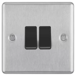 LAP 10AX 2-Gang 2-Way Light Switch Brushed Stainless Steel With Black Inserts -British General Shop 79842 A2