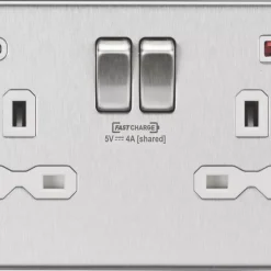 Knightsbridge SFR9909BCW 13A 2-Gang DP Switched Socket + 4.0A 2-Outlet Type A & C USB Charger Brushed Chrome With White Inserts