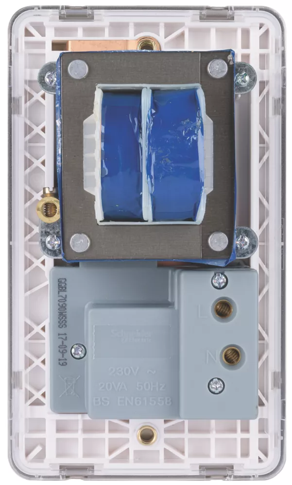 Schneider Electric Lisse Deco 2-Gang Dual Voltage Shaver Socket 115 / 230V Brushed Stainless Steel With White Inserts 4 Schneider Electric Lisse Deco 2-Gang Dual Voltage Shaver Socket 115 / 230V Brushed Stainless Steel With White Inserts - Image 2