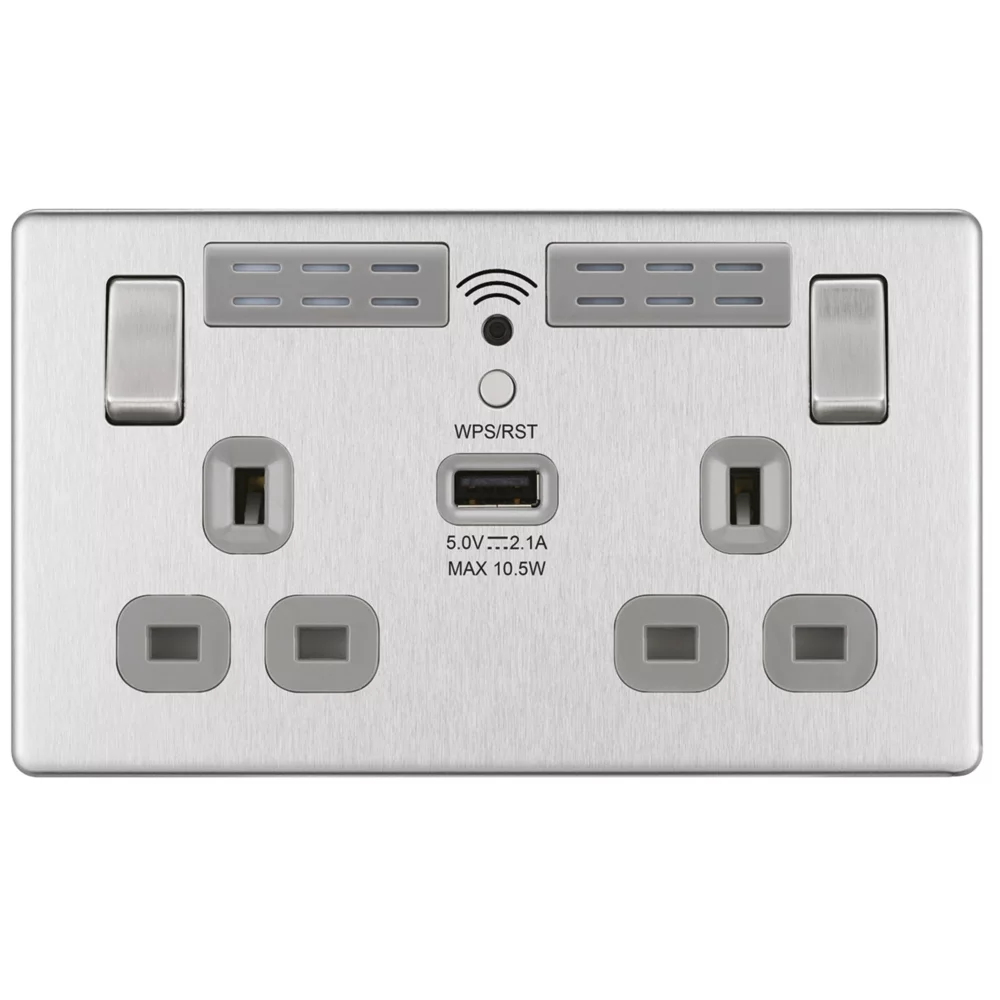 LAP 13A 2-Gang SP Switched Wi-Fi Extender Socket + 2.1A 1-Outlet Type A USB Charger Brushed Stainless Steel With Graphite Inserts 4 LAP 13A 2-Gang SP Switched Wi-Fi Extender Socket + 2.1A 1-Outlet Type A USB Charger Brushed Stainless Steel With Graphite Inserts - Image 2