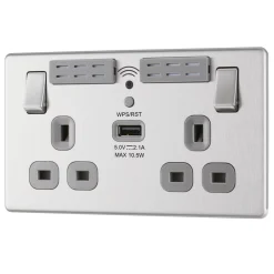 LAP 13A 2-Gang SP Switched Wi-Fi Extender Socket + 2.1A 1-Outlet Type A USB Charger Brushed Stainless Steel With Graphite Inserts