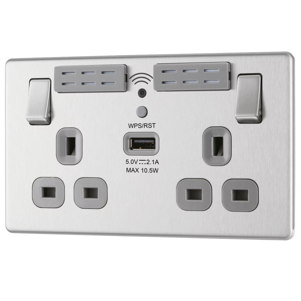 LAP 13A 2-Gang SP Switched Wi-Fi Extender Socket + 2.1A 1-Outlet Type A USB Charger Brushed Stainless Steel With Graphite Inserts 3 LAP 13A 2-Gang SP Switched Wi-Fi Extender Socket + 2.1A 1-Outlet Type A USB Charger Brushed Stainless Steel With Graphite Inserts