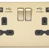 Knightsbridge FPR9224BB 13A 2-Gang SP Switched Socket + 2.4A 2-Outlet Type A USB Charger Brushed Brass With Black Inserts -British General Shop 809TX P
