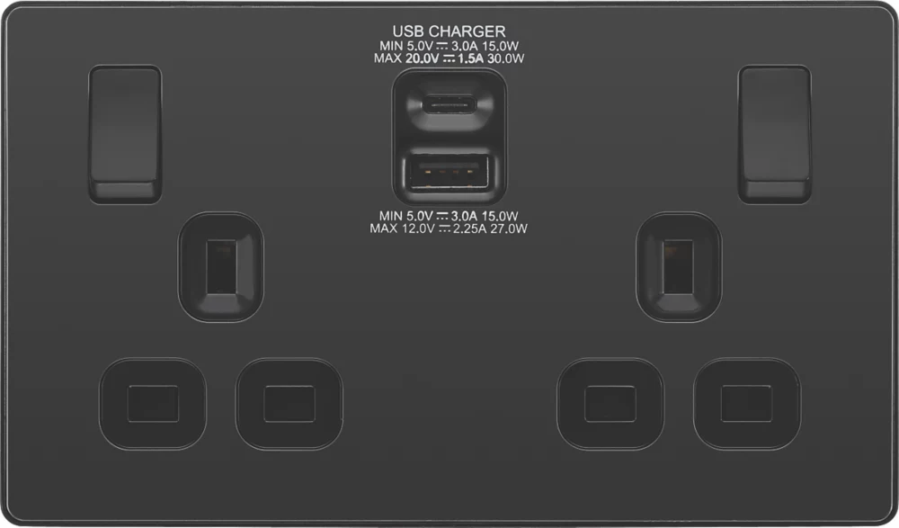 British General Evolve 13A 2-Gang SP Switched Socket + 3A 2-Outlet Type A & C USB Charger Black With Black Inserts 5 British General Evolve 13A 2-Gang SP Switched Socket + 3A 2-Outlet Type A & C USB Charger Black With Black Inserts - Image 3