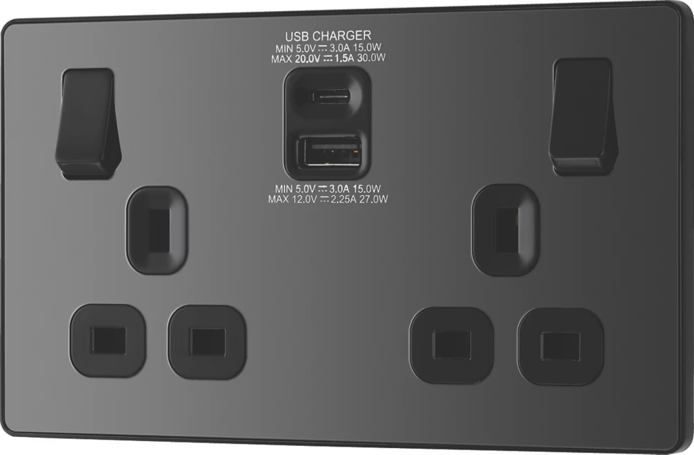British General Evolve 13A 2-Gang SP Switched Socket + 3A 2-Outlet Type A & C USB Charger Black With Black Inserts 6 British General Evolve 13A 2-Gang SP Switched Socket + 3A 2-Outlet Type A & C USB Charger Black With Black Inserts - Image 4