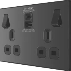British General Evolve 13A 2-Gang SP Switched Socket + 3A 2-Outlet Type A & C USB Charger Black With Black Inserts