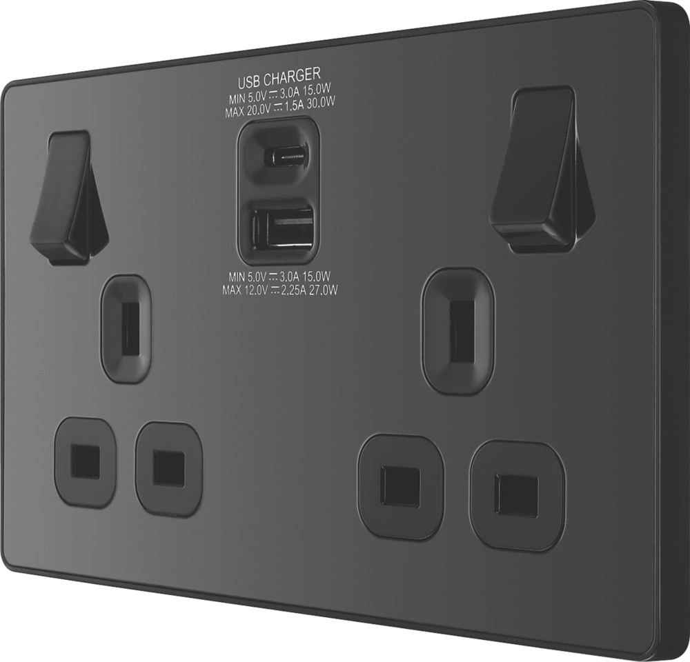 British General Evolve 13A 2-Gang SP Switched Socket + 3A 2-Outlet Type A & C USB Charger Black With Black Inserts 3 British General Evolve 13A 2-Gang SP Switched Socket + 3A 2-Outlet Type A & C USB Charger Black With Black Inserts