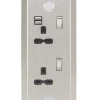Knightsbridge SKR001A 13A 2-Gang SP Switched Socket + 2.4A 2-Outlet Type A USB Charger Stainless Steel With Black Inserts -British General Shop 815VF P