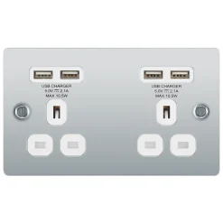 LAP 13A 2-Gang Unswitched Socket + 4.2A 4-Outlet Type A USB Charger Polished Chrome With White Inserts -British General Shop 8167T A2
