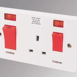Crabtree Capital 45 A & 13A 2-Gang DP Cooker Switch & 13A DP Switched Socket White With Neon