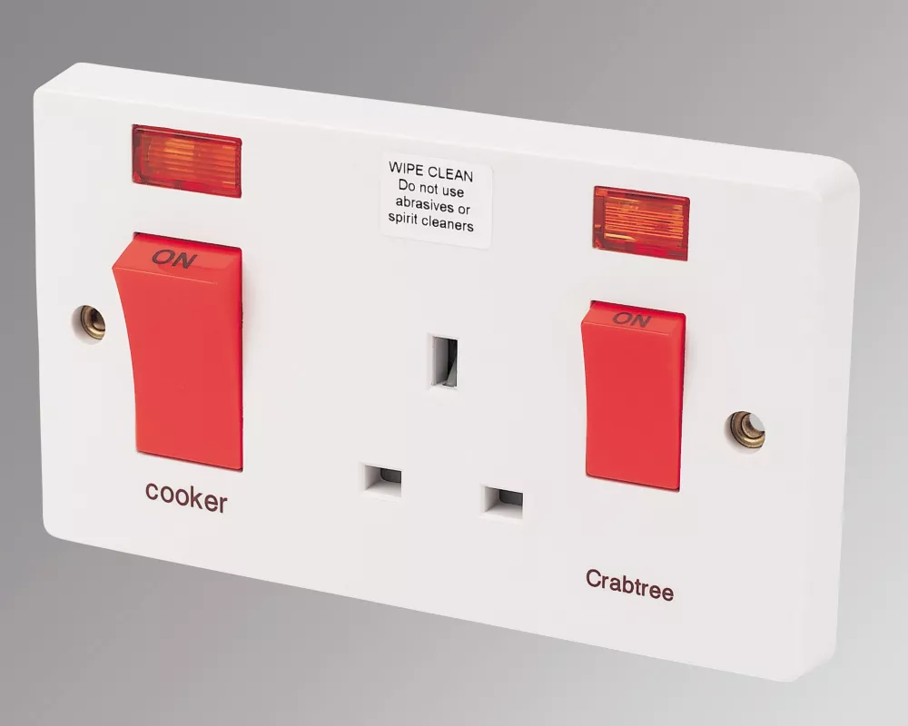 Crabtree Capital 45 A & 13A 2-Gang DP Cooker Switch & 13A DP Switched Socket White With Neon 3 Crabtree Capital 45 A & 13A 2-Gang DP Cooker Switch & 13A DP Switched Socket White With Neon