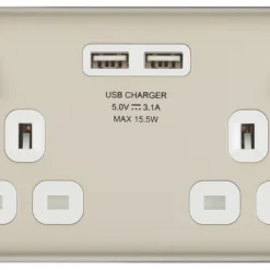 British General Nexus Metal 13A 2-Gang SP Switched Socket + 3.1A 2-Outlet Type A USB Charger Pearl Nickel With White Inserts -British General Shop 8208P A2