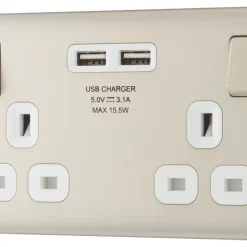 British General Nexus Metal 13A 2-Gang SP Switched Socket + 3.1A 2-Outlet Type A USB Charger Pearl Nickel With White Inserts -British General Shop 8208P A3