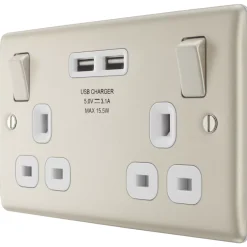 British General Nexus Metal 13A 2-Gang SP Switched Socket + 3.1A 2-Outlet Type A USB Charger Pearl Nickel With White Inserts