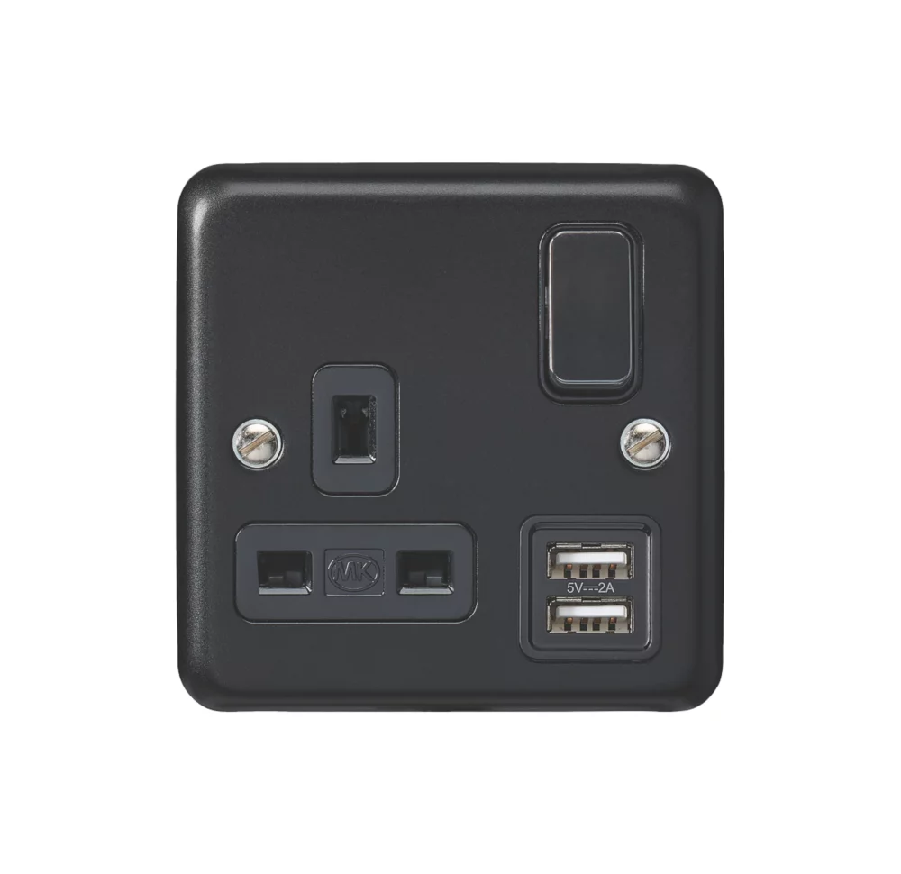 MK Contoura 13A 1-Gang DP Switched Socket + 2A 2-Outlet Type A USB Charger Black With Colour-Matched Inserts 4 MK Contoura 13A 1-Gang DP Switched Socket + 2A 2-Outlet Type A USB Charger Black With Colour-Matched Inserts - Image 2