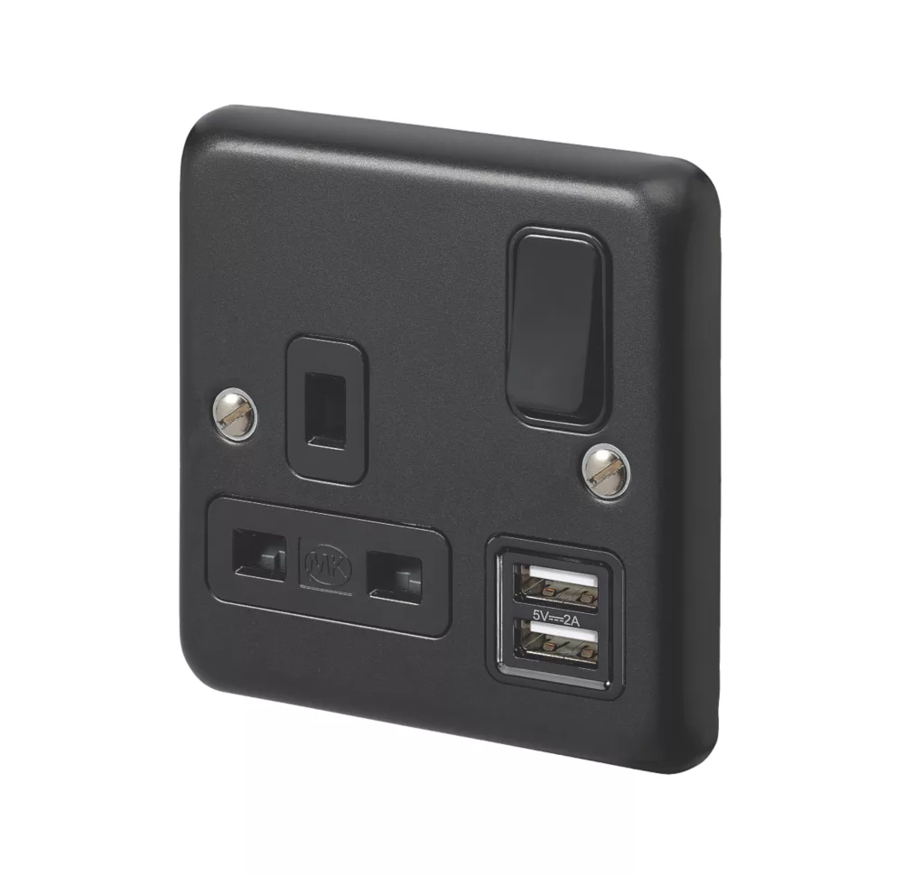 MK Contoura 13A 1-Gang DP Switched Socket + 2A 2-Outlet Type A USB Charger Black With Colour-Matched Inserts 3 MK Contoura 13A 1-Gang DP Switched Socket + 2A 2-Outlet Type A USB Charger Black With Colour-Matched Inserts