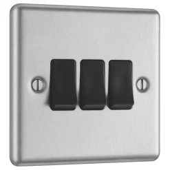 LAP 10AX 3-Gang 2-Way Light Switch Brushed Stainless Steel With Black Inserts -British General Shop 82315 A1