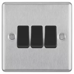 LAP 10AX 3-Gang 2-Way Light Switch Brushed Stainless Steel With Black Inserts -British General Shop 82315 A2