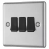 LAP 10AX 3-Gang 2-Way Light Switch Brushed Stainless Steel With Black Inserts -British General Shop 82315 P