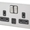 MK Aspect 13A 2-Gang DP Switched Socket + 2A 2-Outlet Type A USB Charger Brushed Stainless Steel With Black Inserts -British General Shop 823HX P