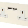 Varilight 13AX 2-Gang Unswitched Socket + 2.1A 2-Outlet Type A USB Charger White Chocolate With White Inserts -British General Shop 8274F P