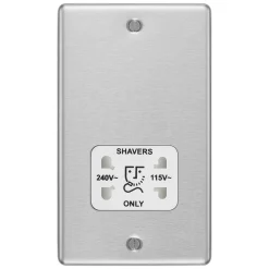 LAP 2-Gang Dual Voltage Shaver Socket 115 / 230V Brushed Stainless Steel With White Inserts -British General Shop 83247 A2