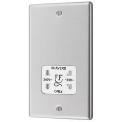 LAP 2-Gang Dual Voltage Shaver Socket 115 / 230V Brushed Stainless Steel With White Inserts