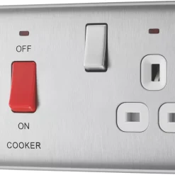 British General Nexus Metal 45A 1-Gang DP Cooker Switch & 13A DP Switched Socket Brushed Steel With LED With White Inserts