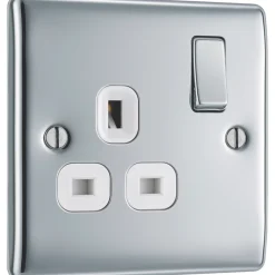British General Nexus Metal 13A 1-Gang DP Switched Plug Socket Polished Chrome With White Inserts -British General Shop 838FT A2