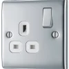 British General Nexus Metal 13A 1-Gang DP Switched Plug Socket Polished Chrome With White Inserts -British General Shop 838FT P