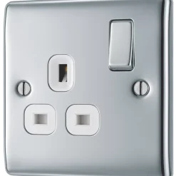 British General Nexus Metal 13A 1-Gang DP Switched Plug Socket Polished Chrome With White Inserts