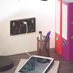 LAP 13A 2-Gang SP Switched Socket + 3.1A 2-Outlet Type A USB Charger Black Nickel With Black Inserts -British General Shop 8401P A4