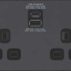 British General Evolve 13A 2-Gang SP Switched Socket + 3A 2-Outlet Type A & C USB Charger Grey With Black Inserts -British General Shop 841RF A2