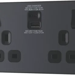 British General Evolve 13A 2-Gang SP Switched Socket + 3A 2-Outlet Type A & C USB Charger Grey With Black Inserts -British General Shop 841RF A3