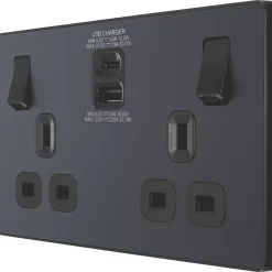 British General Evolve 13A 2-Gang SP Switched Socket + 3A 2-Outlet Type A & C USB Charger Grey With Black Inserts